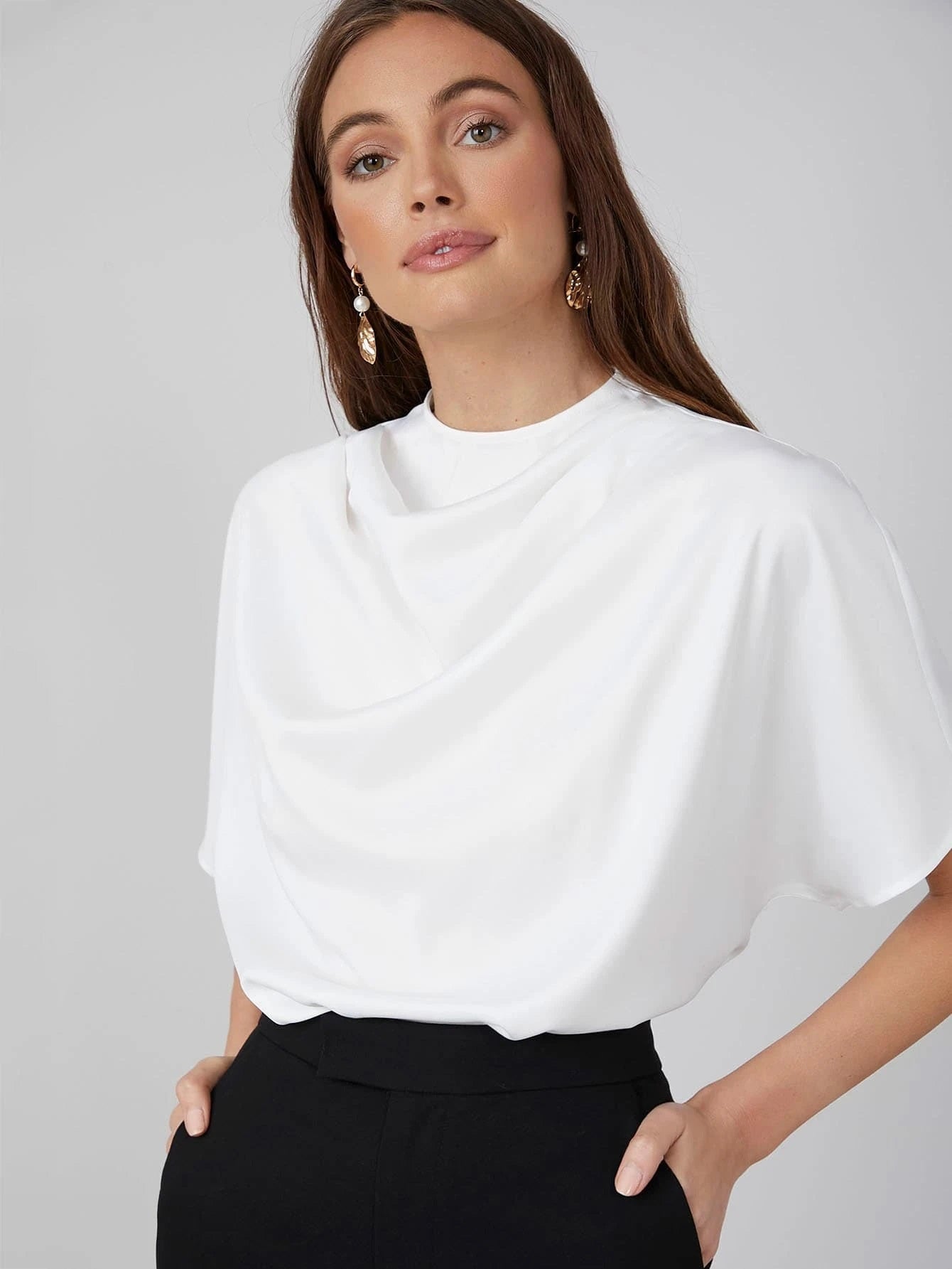 CM-TS218451 Women Casual Seoul Style Draped Cowl Neck Short Sleeve Top - White