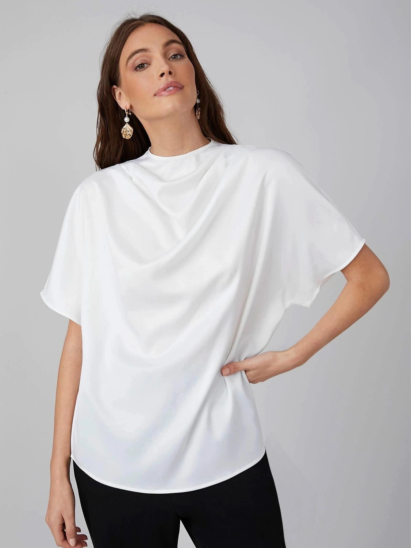 CM-TS218451 Women Casual Seoul Style Draped Cowl Neck Short Sleeve Top - White