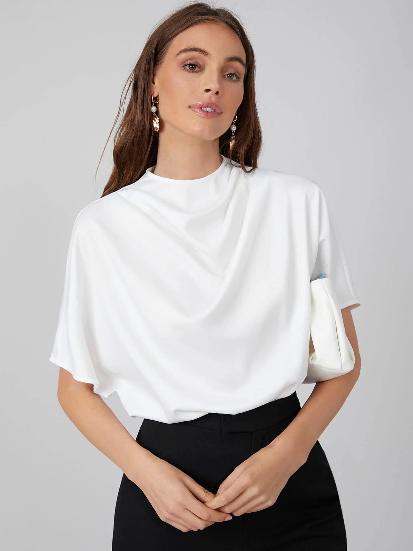 CM-TS218451 Women Casual Seoul Style Draped Cowl Neck Short Sleeve Top - White