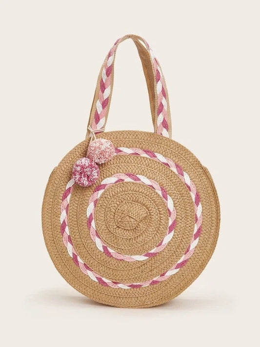 CM-BGS229194 Women Trendy Seoul Style Round Shaped Straw Tote Bag - Brown