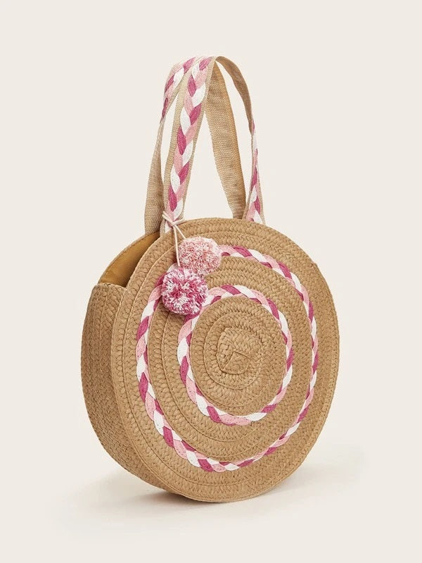 CM-BGS229194 Women Trendy Seoul Style Round Shaped Straw Tote Bag - Brown