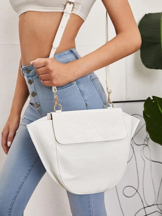 CM-BGS118004 Women Trendy Seoul Style Croc Embossed Flap Satchel Bag - White