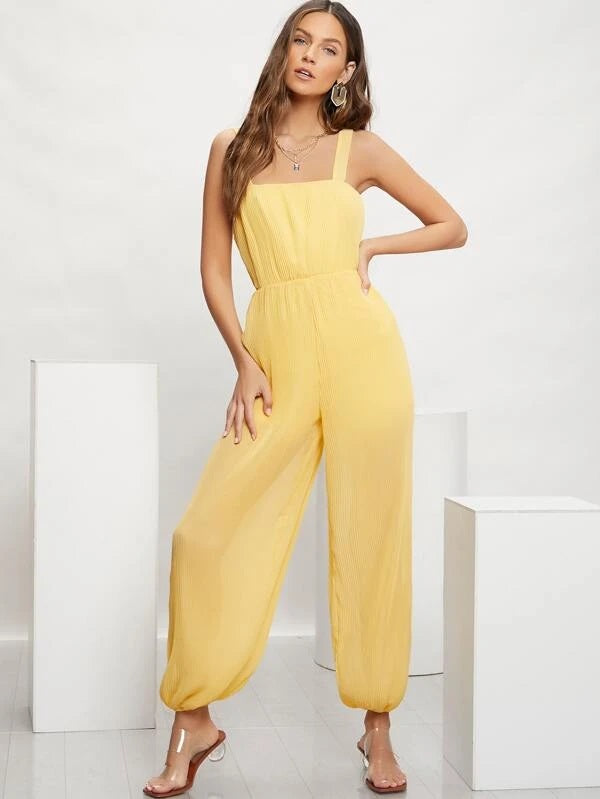 CM-JS112229 Women Casual Seoul Style Sleeveless High Waist Solid Cami Jumpsuit - Yellow