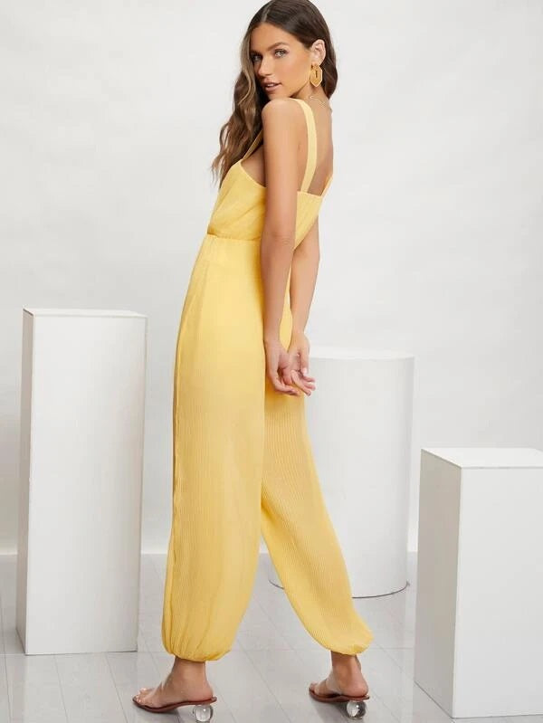 CM-JS112229 Women Casual Seoul Style Sleeveless High Waist Solid Cami Jumpsuit - Yellow