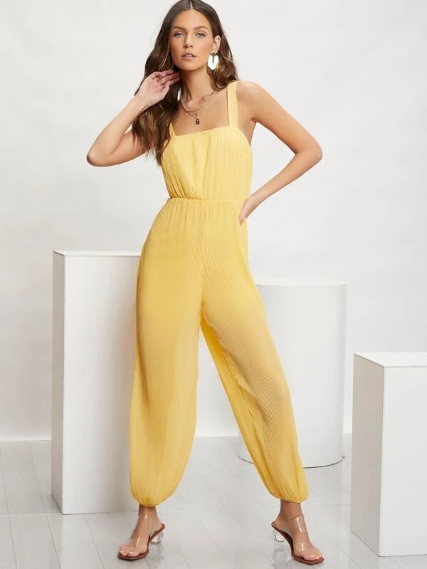 CM-JS112229 Women Casual Seoul Style Sleeveless High Waist Solid Cami Jumpsuit - Yellow