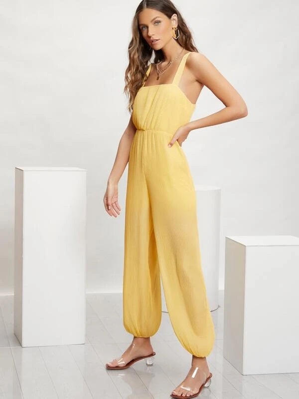 CM-JS112229 Women Casual Seoul Style Sleeveless High Waist Solid Cami Jumpsuit - Yellow
