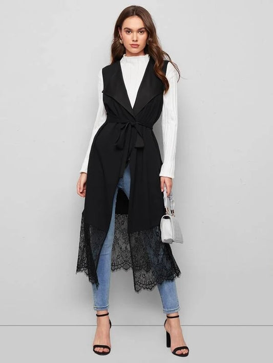 CM-CS126060 Women Casual Seoul Style Waterfall Collar Lace Detail Belted Vest Coat - Black