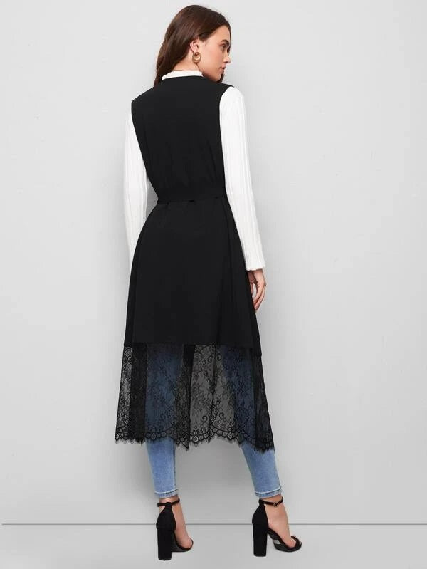 CM-CS126060 Women Casual Seoul Style Waterfall Collar Lace Detail Belted Vest Coat - Black