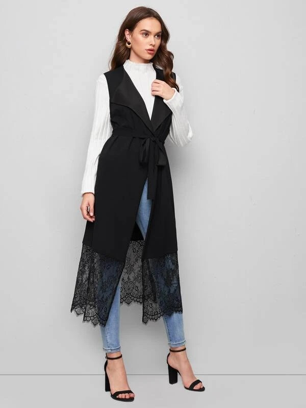 CM-CS126060 Women Casual Seoul Style Waterfall Collar Lace Detail Belted Vest Coat - Black