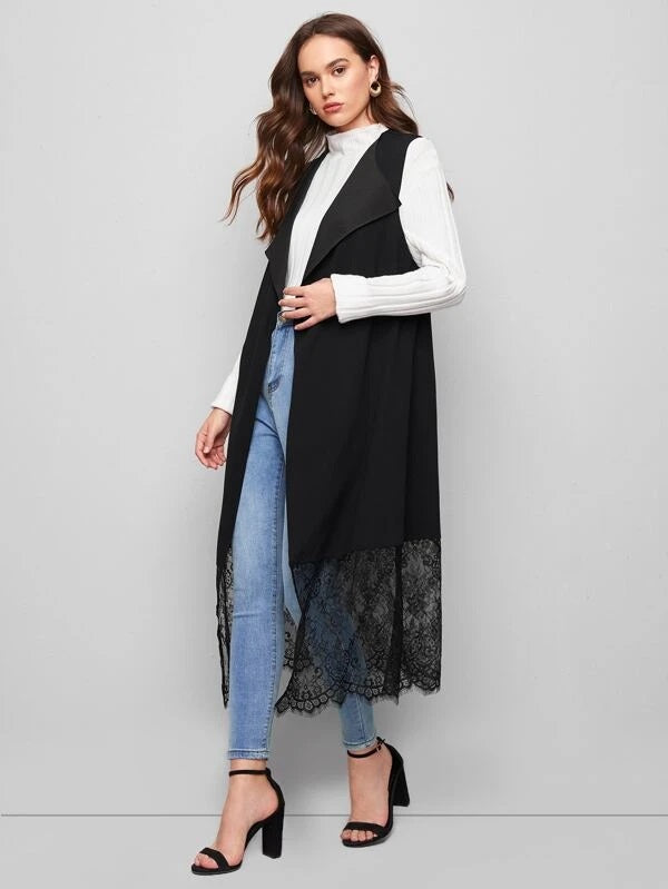 CM-CS126060 Women Casual Seoul Style Waterfall Collar Lace Detail Belted Vest Coat - Black