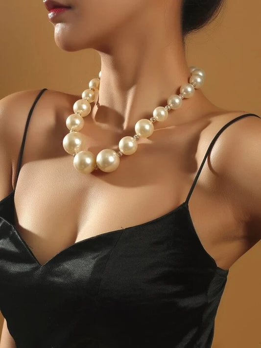 CM-AXS222215 Women Trendy Seoul Style Faux Pearl Beaded Necklace - Beige