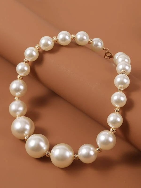 CM-AXS222215 Women Trendy Seoul Style Faux Pearl Beaded Necklace - Beige