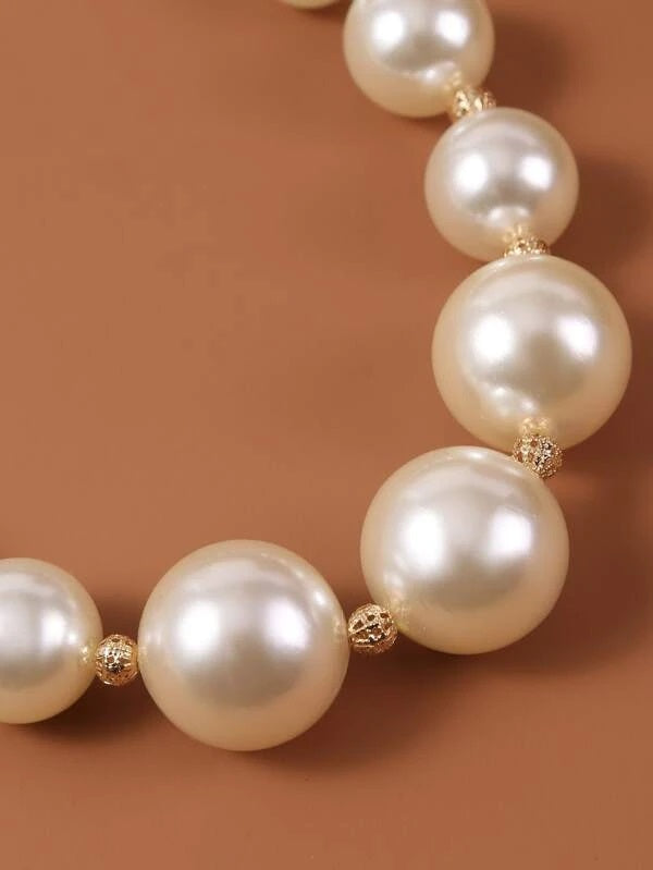 CM-AXS222215 Women Trendy Seoul Style Faux Pearl Beaded Necklace - Beige