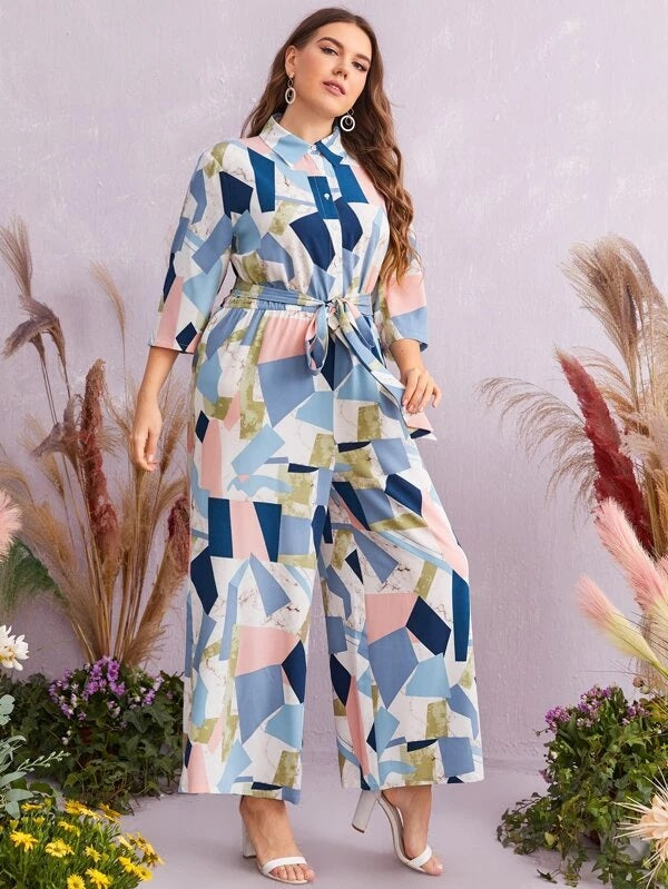 CM-JPS129550 Women Plus Size Collared Self Belted Wide Leg Allover Print Jumpsuit