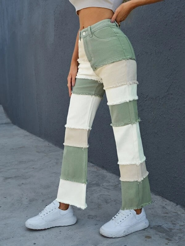 CM-BS201763 Women Casual Seoul Style Raw Hem Colorblock Straight Leg Jeans