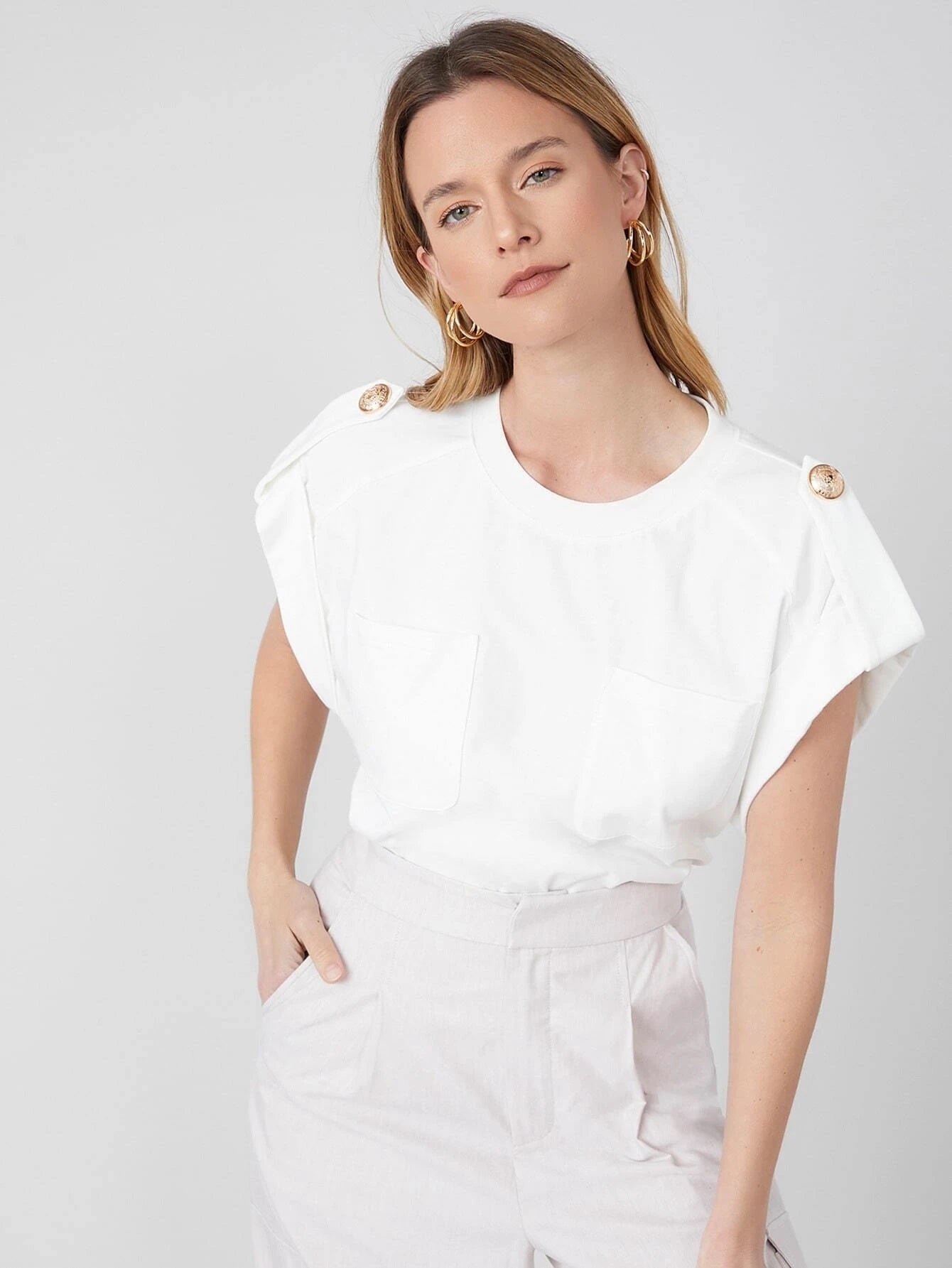 CM-TS223599 Women Casual Seoul Style Round Neck Roll-Up Sleeve Chest Pocket Top - White