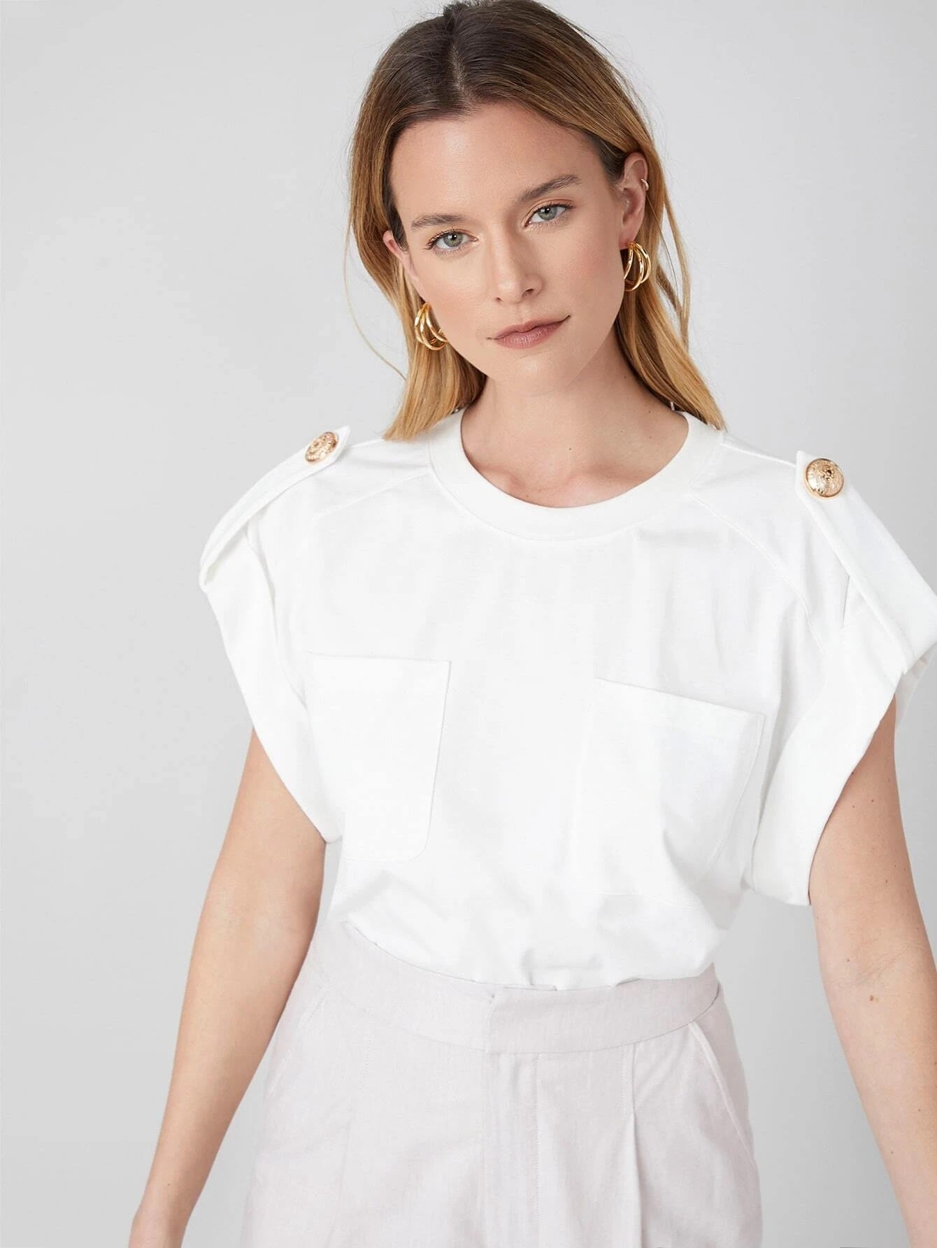 CM-TS223599 Women Casual Seoul Style Round Neck Roll-Up Sleeve Chest Pocket Top - White