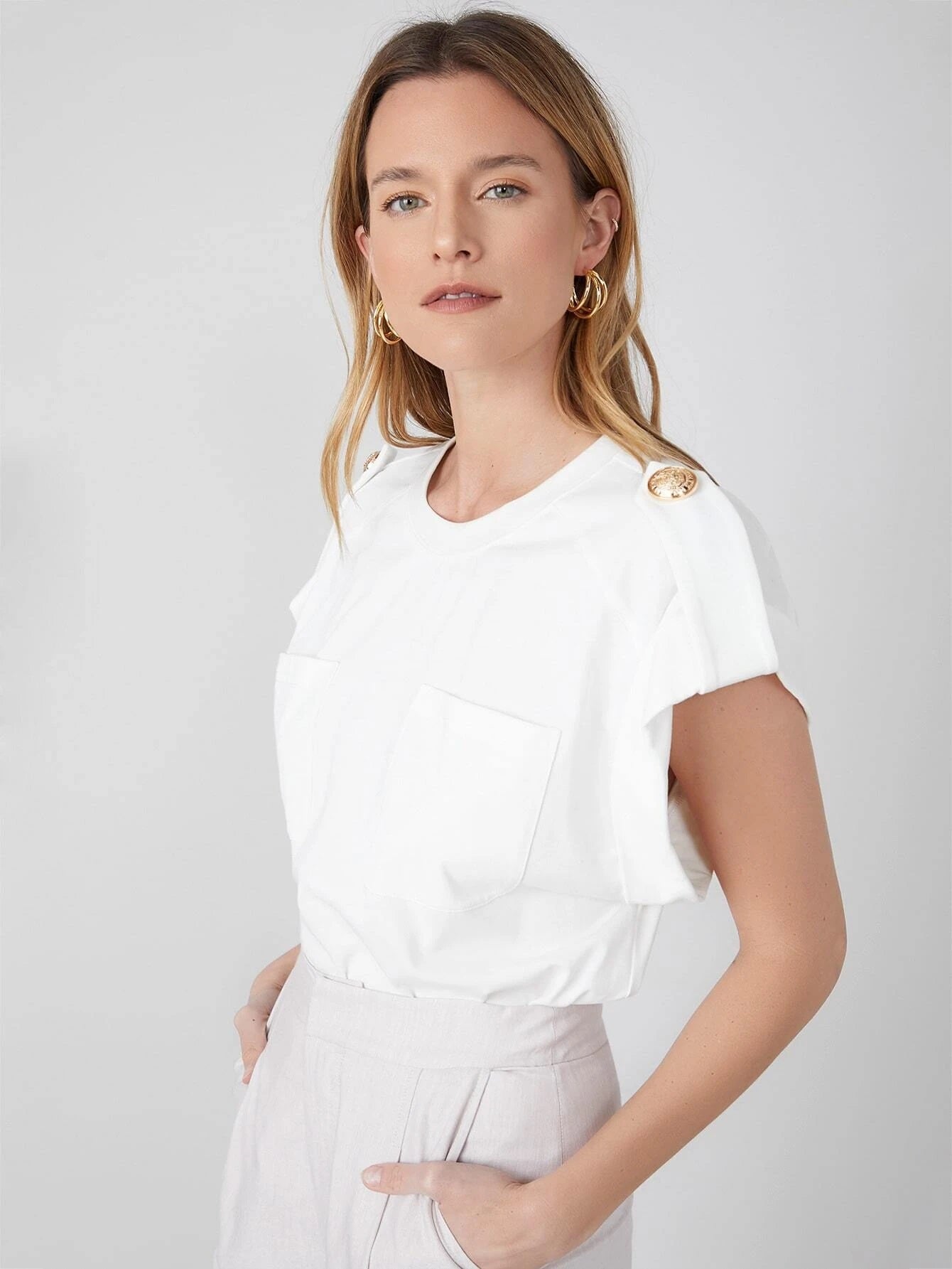 CM-TS223599 Women Casual Seoul Style Round Neck Roll-Up Sleeve Chest Pocket Top - White