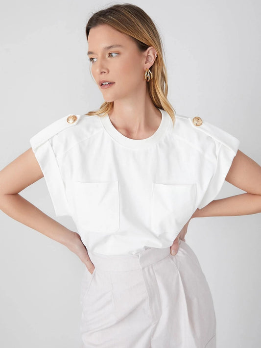 CM-TS223599 Women Casual Seoul Style Round Neck Roll-Up Sleeve Chest Pocket Top - White