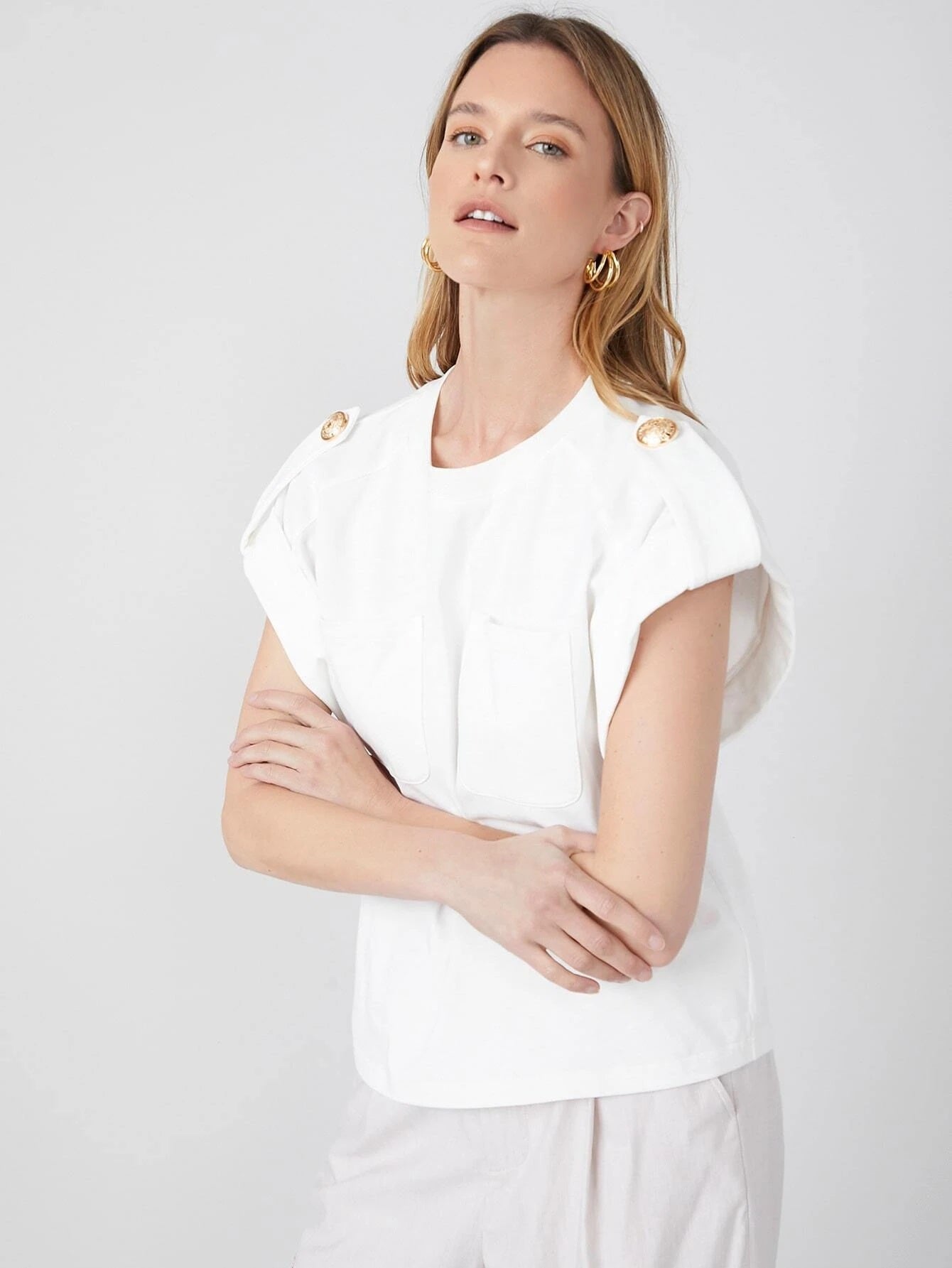 CM-TS223599 Women Casual Seoul Style Round Neck Roll-Up Sleeve Chest Pocket Top - White