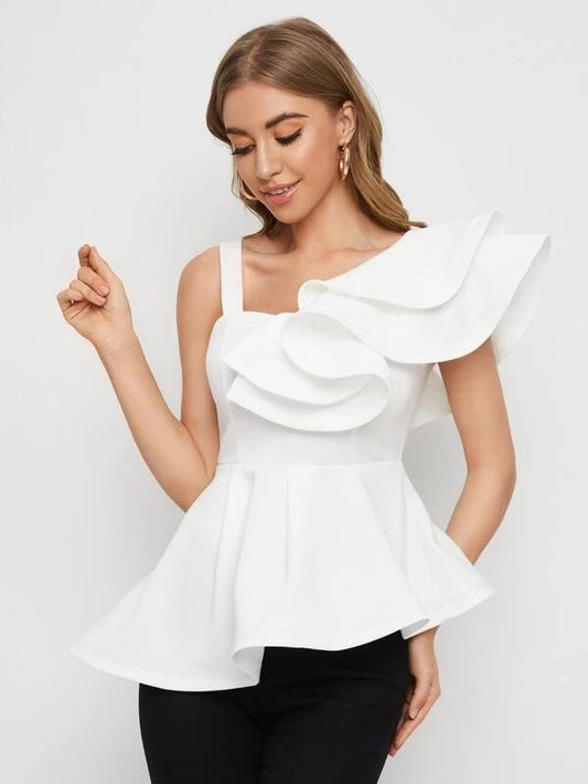 CM-TS207485 Women Elegant Seoul Style Asymmetrical Neck Ruffle Trim Peplum Top - White