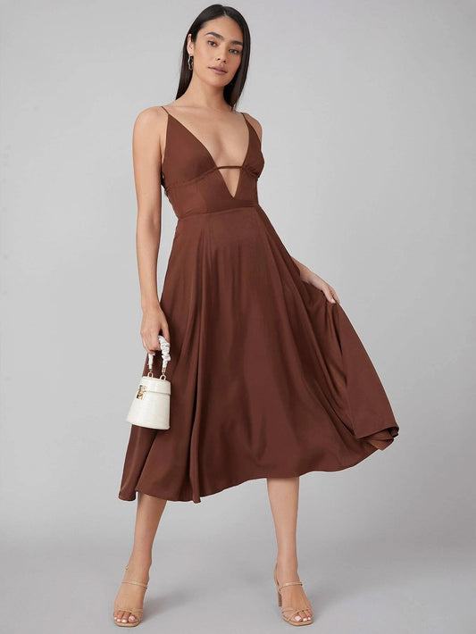 CM-ES106486 Women Elegant Seoul Style Viscose Sleeveless Plunging Neck Slip Dress - Coffee Brown