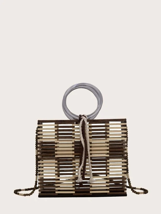 CM-BGS304076 Women Trendy Bohemian Style Hollow Out Color Block Satchel Bag