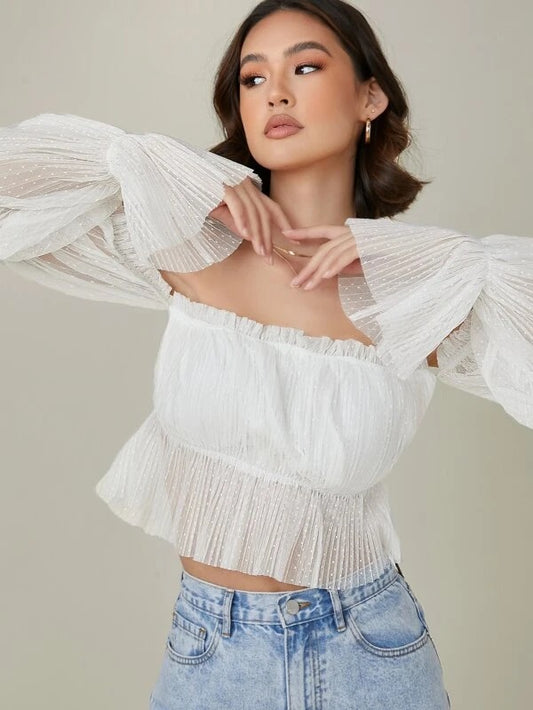CM-TS111605 Women Casual Seoul Style Sheer Mesh Polka Dot Off-The-Shoulder Ruffled Top - White