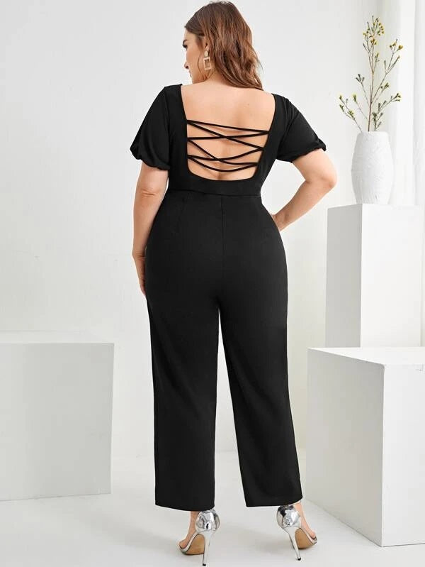 CM-JPS303378 Women Plus Size Puff Sleeve Crisscross Backless Jumpsuit - Black