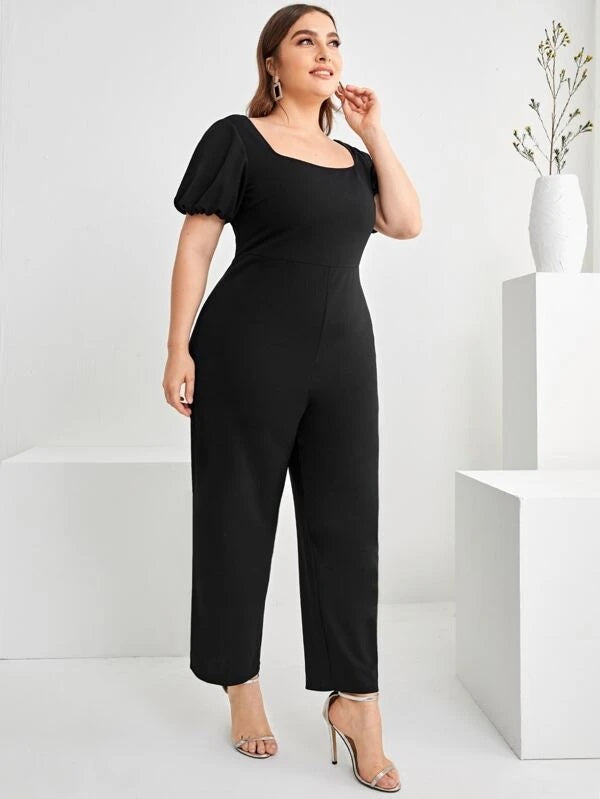 CM-JPS303378 Women Plus Size Puff Sleeve Crisscross Backless Jumpsuit - Black