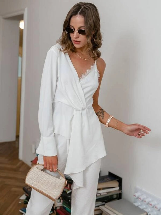 CM-TS309712 Women Casual Seoul Style Asymmetrical Neck Lace Trim Peplum Top - White