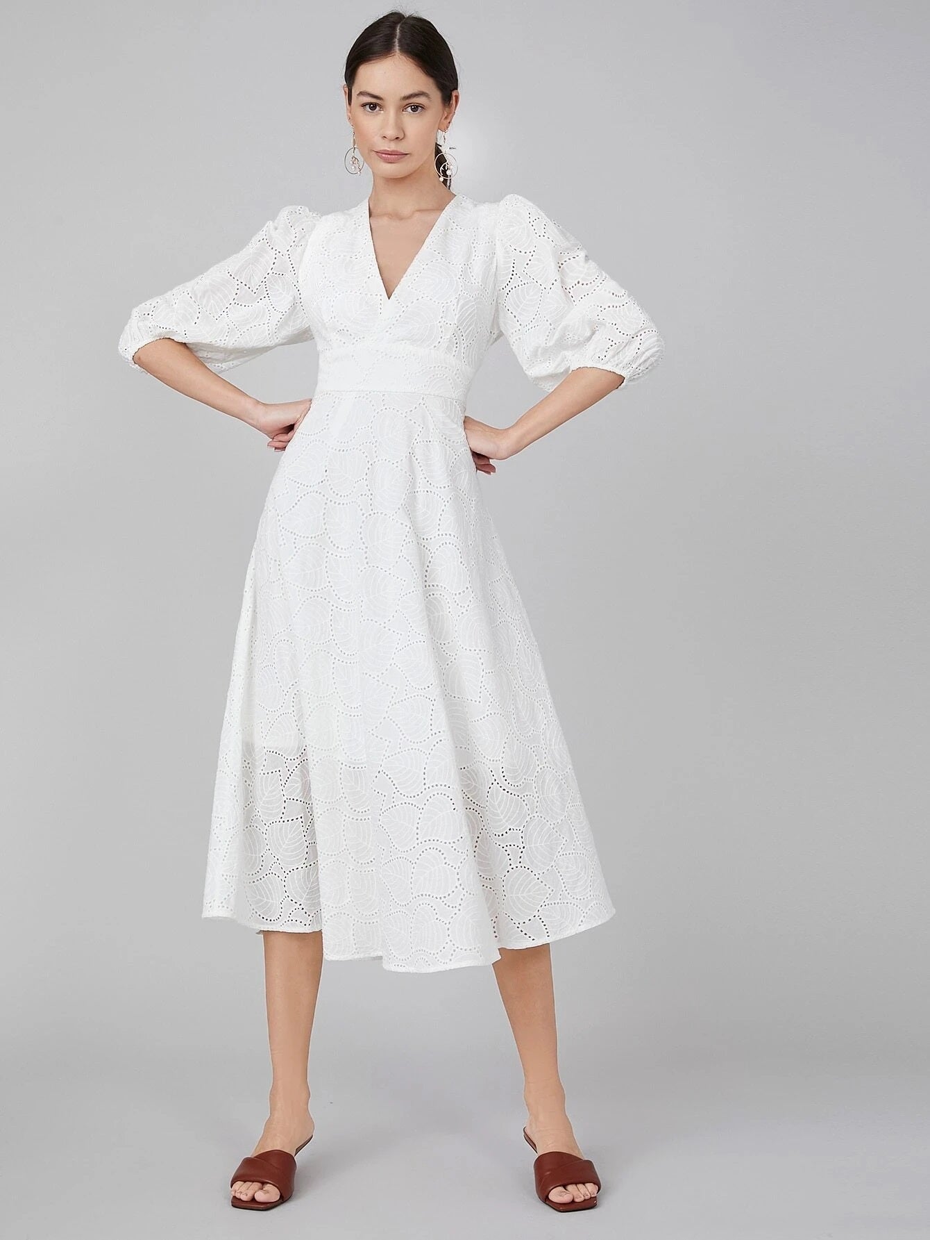 CM-ES230567 Women Elegant Seoul Style V-Neck 3/4 Sleeve Schiffy Flowy A-Line Dress - White