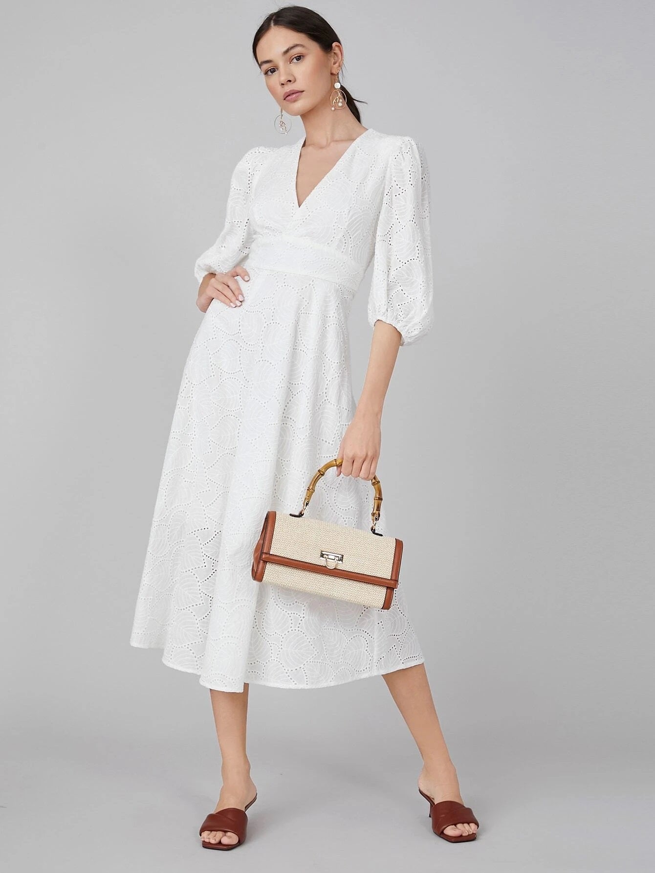 CM-ES230567 Women Elegant Seoul Style V-Neck 3/4 Sleeve Schiffy Flowy A-Line Dress - White