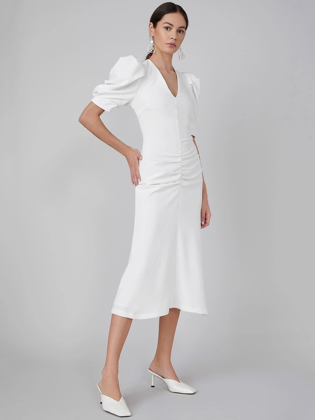 CM-ES119342 Women Elegant Seoul Style V-Neck Puff Sleeve Ruched Fitted Dress - White