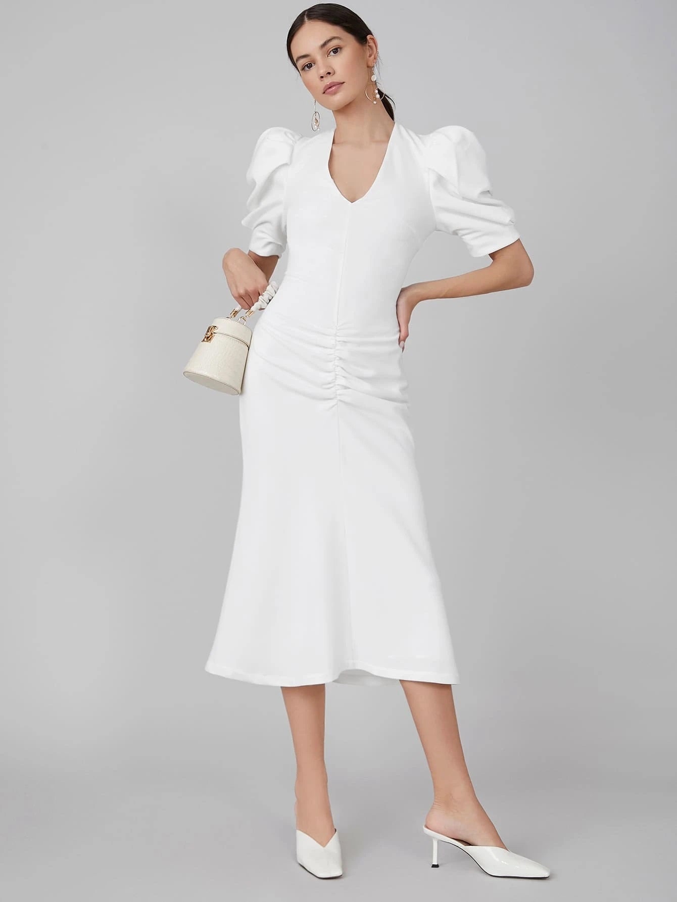 CM-ES119342 Women Elegant Seoul Style V-Neck Puff Sleeve Ruched Fitted Dress - White