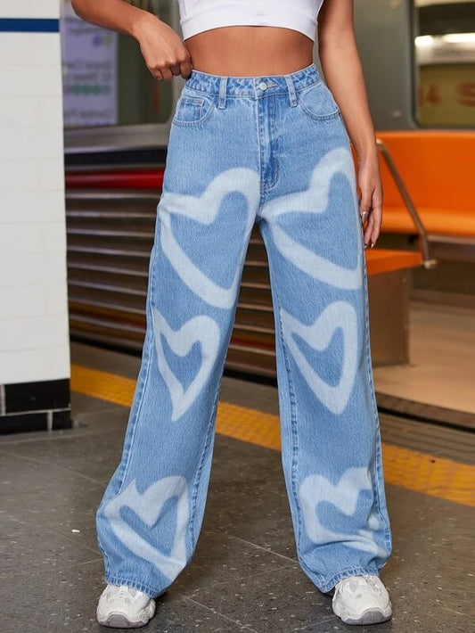 CM-BS111648 Women Casual Seoul Style High Waist Heart Print Wide Leg Jeans