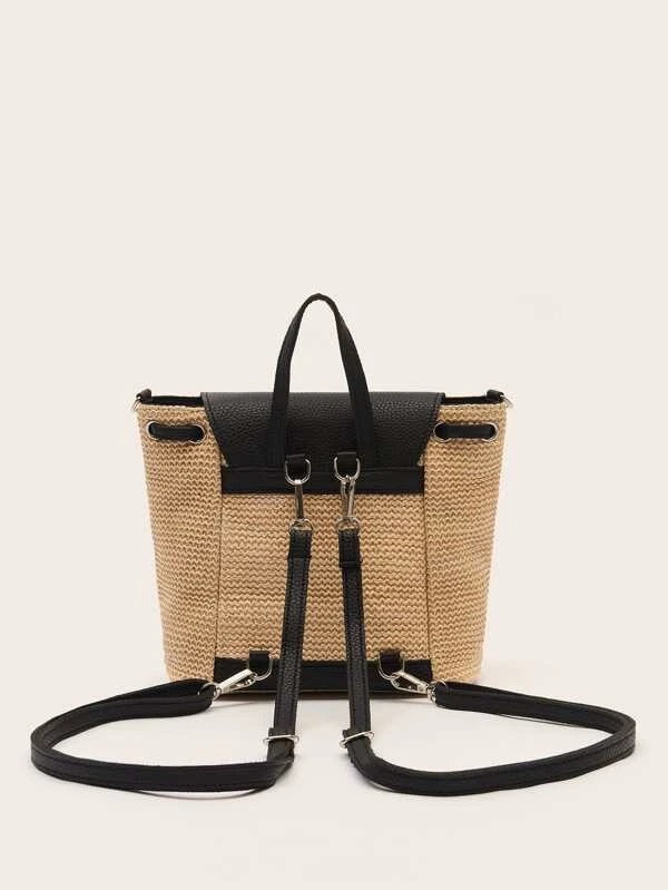 CM-BGS310597 Women Trendy Bohemian Style Flap Straw Backpack - Apricot