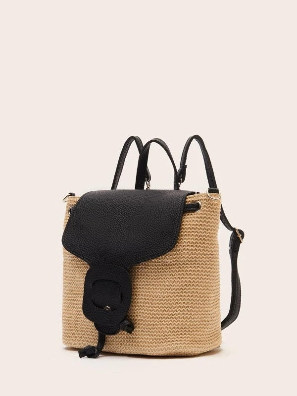 CM-BGS310597 Women Trendy Bohemian Style Flap Straw Backpack - Apricot