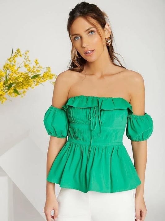 CM-TS205529 Women Casual Seoul Style Off Shoulder Ruffle Knotted Pleated Peplum Top - Green
