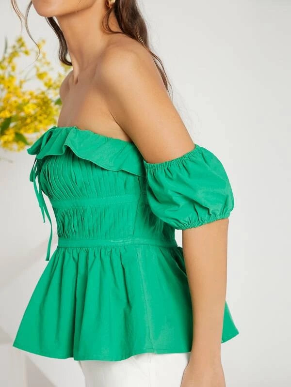 CM-TS205529 Women Casual Seoul Style Off Shoulder Ruffle Knotted Pleated Peplum Top - Green