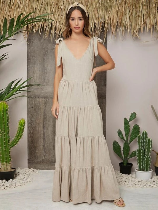 CM-JS118544 Women Trendy Bohemian Style Knot Straps Low Back Ruffle Hem Wide Leg Jumpsuit - Khaki