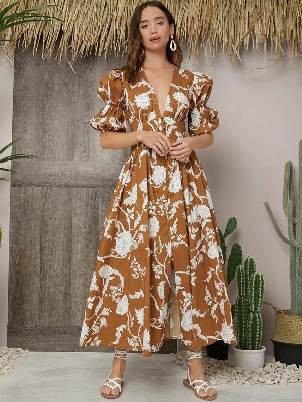 CM-ES113202 Women Trendy Bohemian Style Deep V-Neck Gathered Sleeve Button Front Floral Dress - Brown