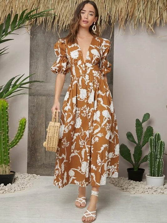 CM-ES113202 Women Trendy Bohemian Style Deep V-Neck Gathered Sleeve Button Front Floral Dress - Brown