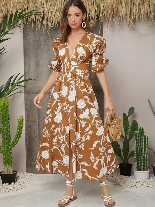 CM-ES113202 Women Trendy Bohemian Style Deep V-Neck Gathered Sleeve Button Front Floral Dress - Brown