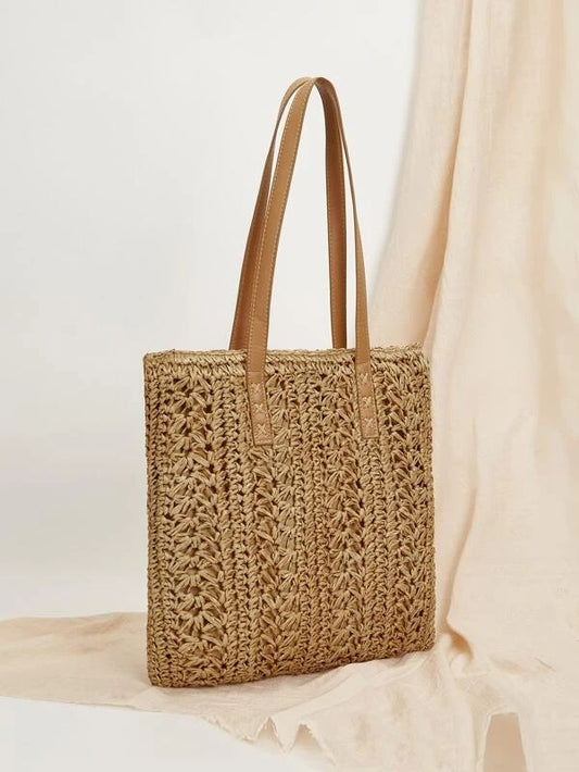 CM-BGS118445 Women Trendy Bohemian Style Straw Tote Bag - Khaki