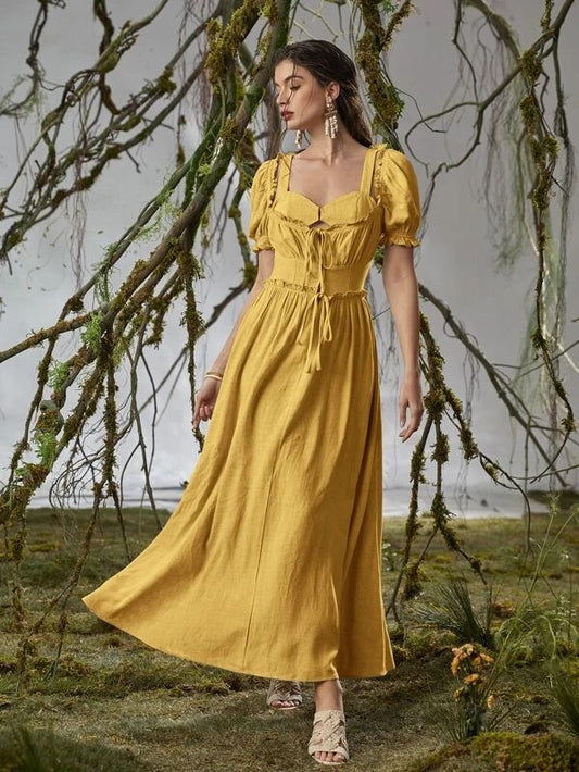 CM-ES302493 Women Trendy Bohemian Style Sweetheart Neck Tie Front Dress - Mustard Yellow