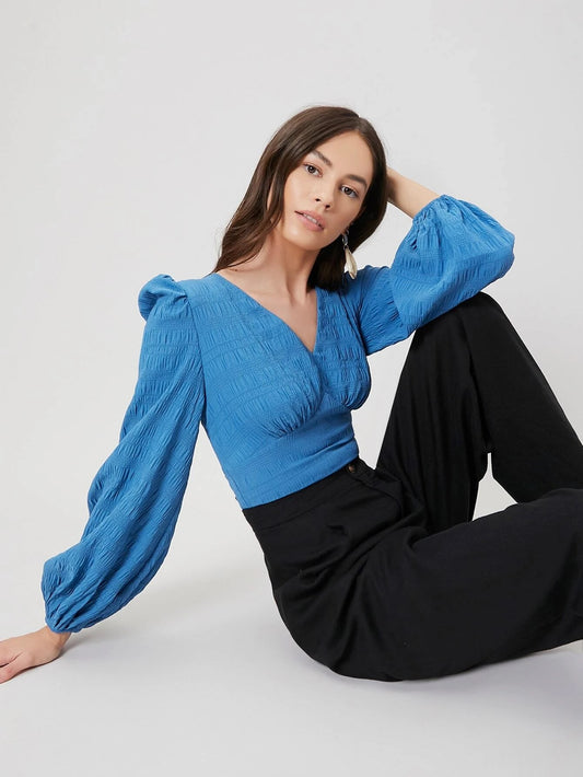 CM-TS120473 Women Elegant Seoul Style V-Neck Long Sleeve Crop Bustier Top - Blue