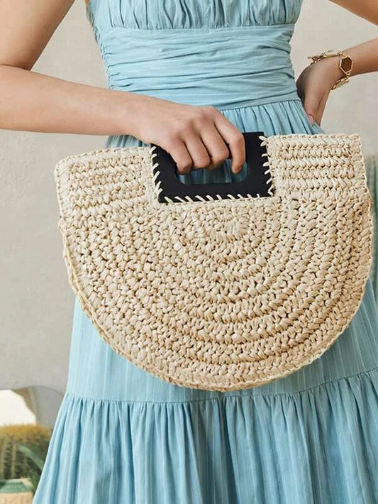 CM-BGS127471 Women Trendy Bohemian Style Straw Top Handle Bag - Khaki