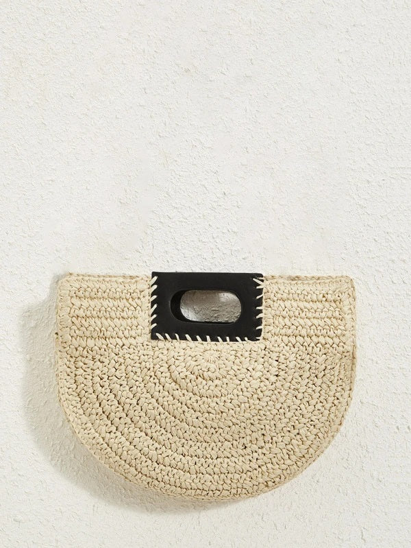 CM-BGS127471 Women Trendy Bohemian Style Straw Top Handle Bag - Khaki
