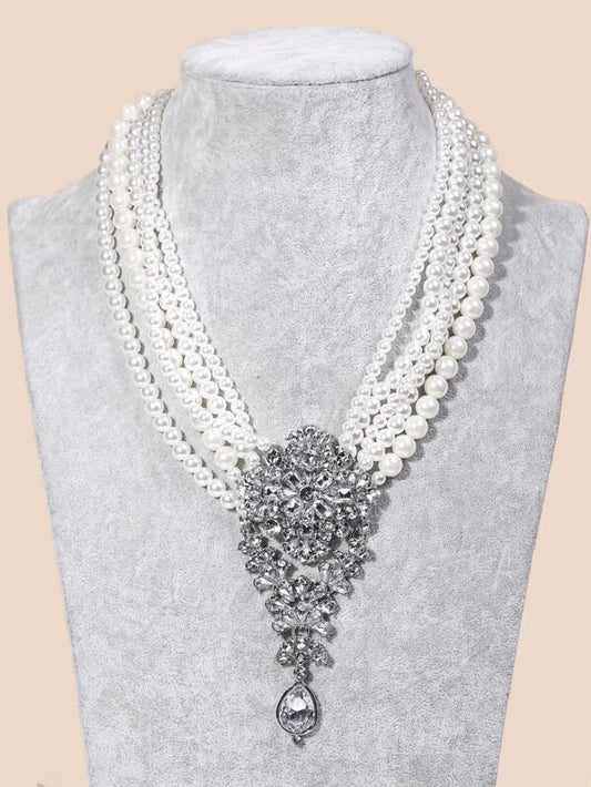CM-AXS322493 Women Trendy Seoul Style Faux Pearl And Rhinestone Decor Layered Necklace
